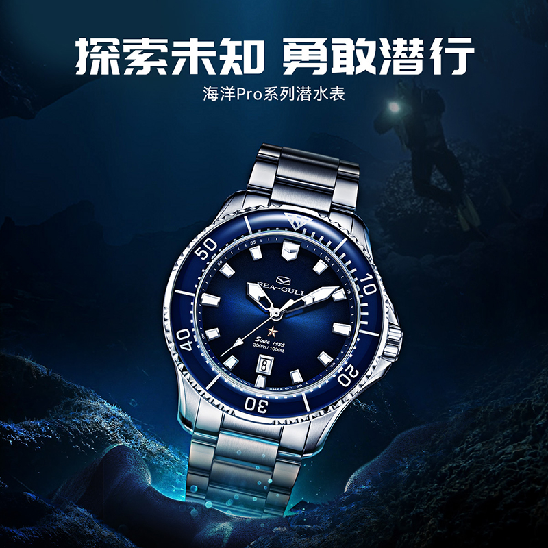 海鸥表潜水商务钢带男表海洋系列小表盘PRO1213防水腕表