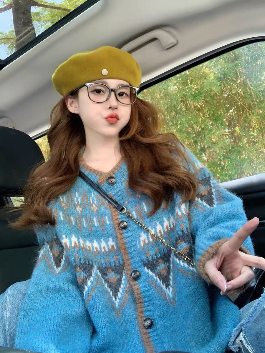 复古费尔岛提花毛衣外套女2025新款秋冬季宽松加厚针织开衫3125