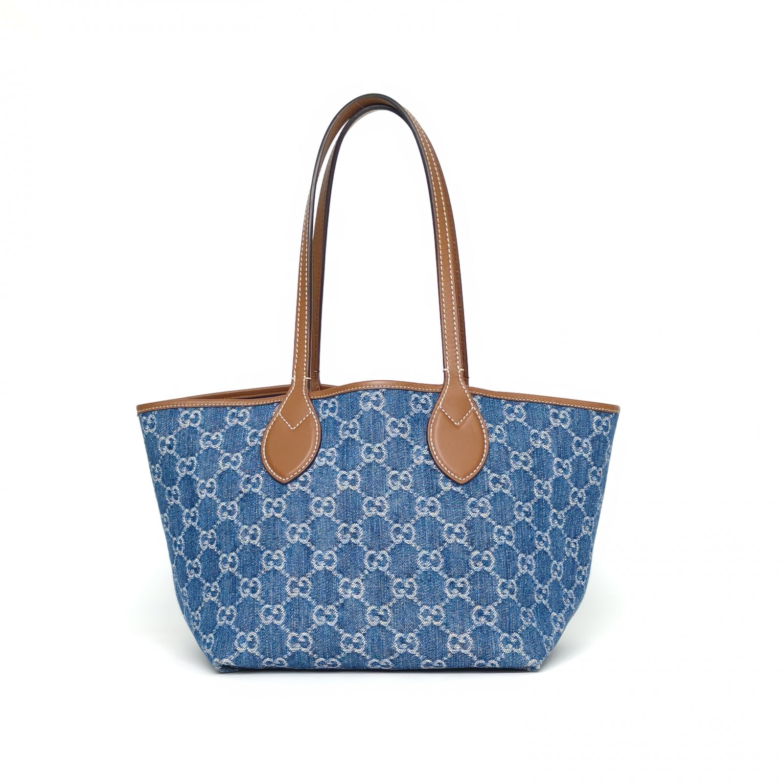 95新 GUCCI/古驰 定金【小花黑黑】 牛仔蓝 丹宁 双面托特包 小号