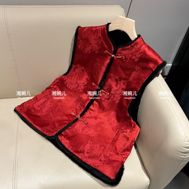 2025秋冬新款『酌红』国风高级感设计中式双面穿加毛加厚马甲女