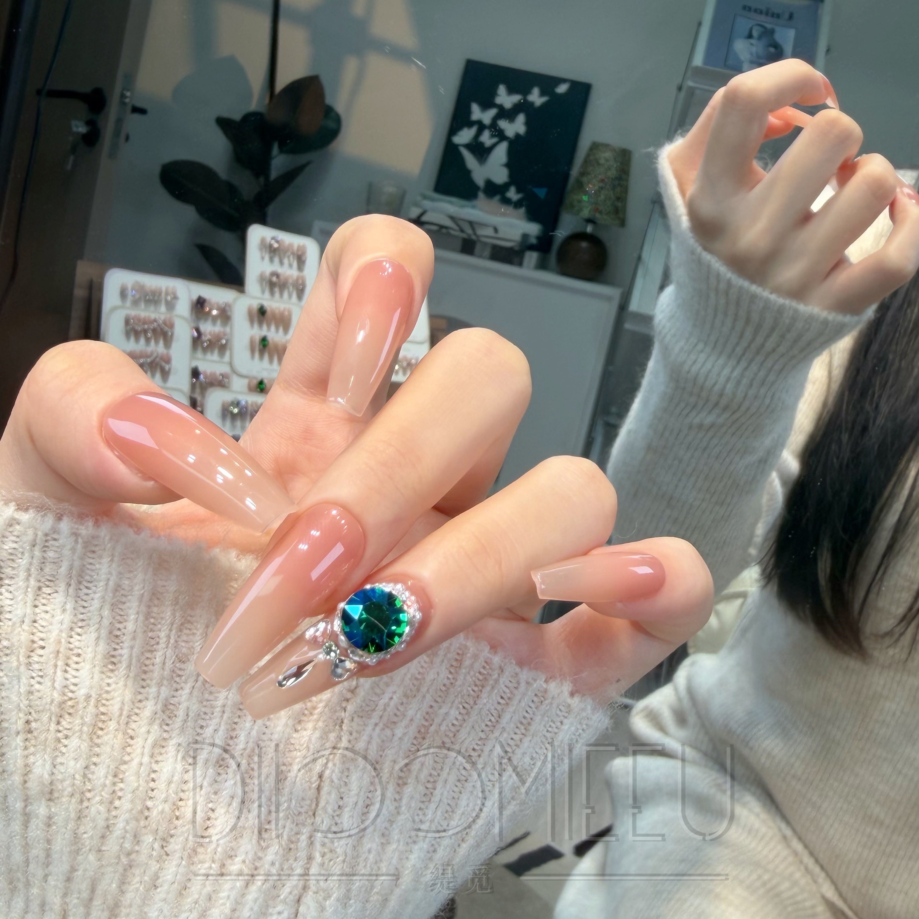 【魔法棒】缇觅闪烁帝王绿+浅翠兰AB款全华子纯手工可拆卸式穿戴甲