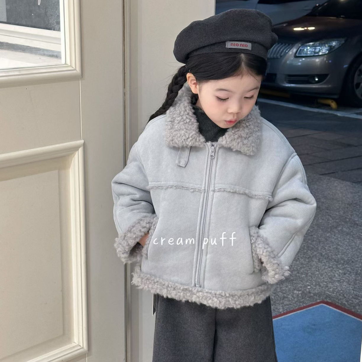 泡芙25深秋蓝色皮毛一体外套012