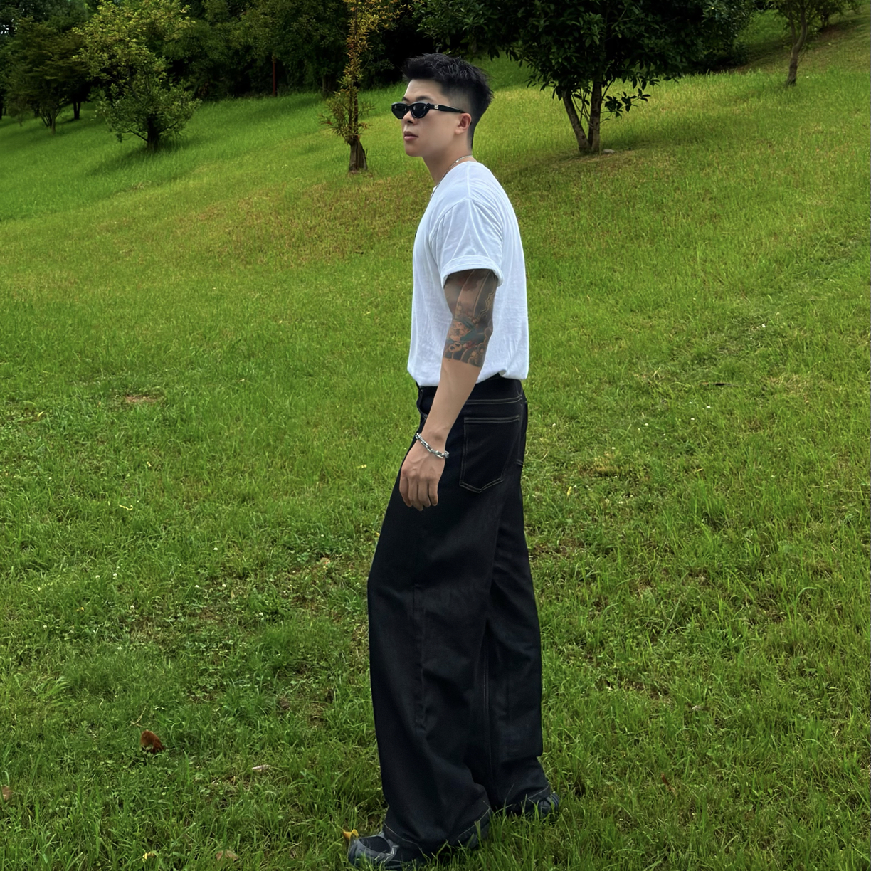 美式水洗黑色牛仔裤男女vintage宽松阔腿慵懒拖地裤