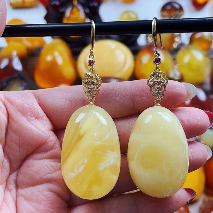 琥珀颈饰银S925镶嵌耳环