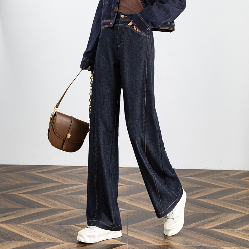 丹宁蓝牛仔裤女秋季新款高腰阔腿裤不掉色休闲裤子复古宽松弯刀裤