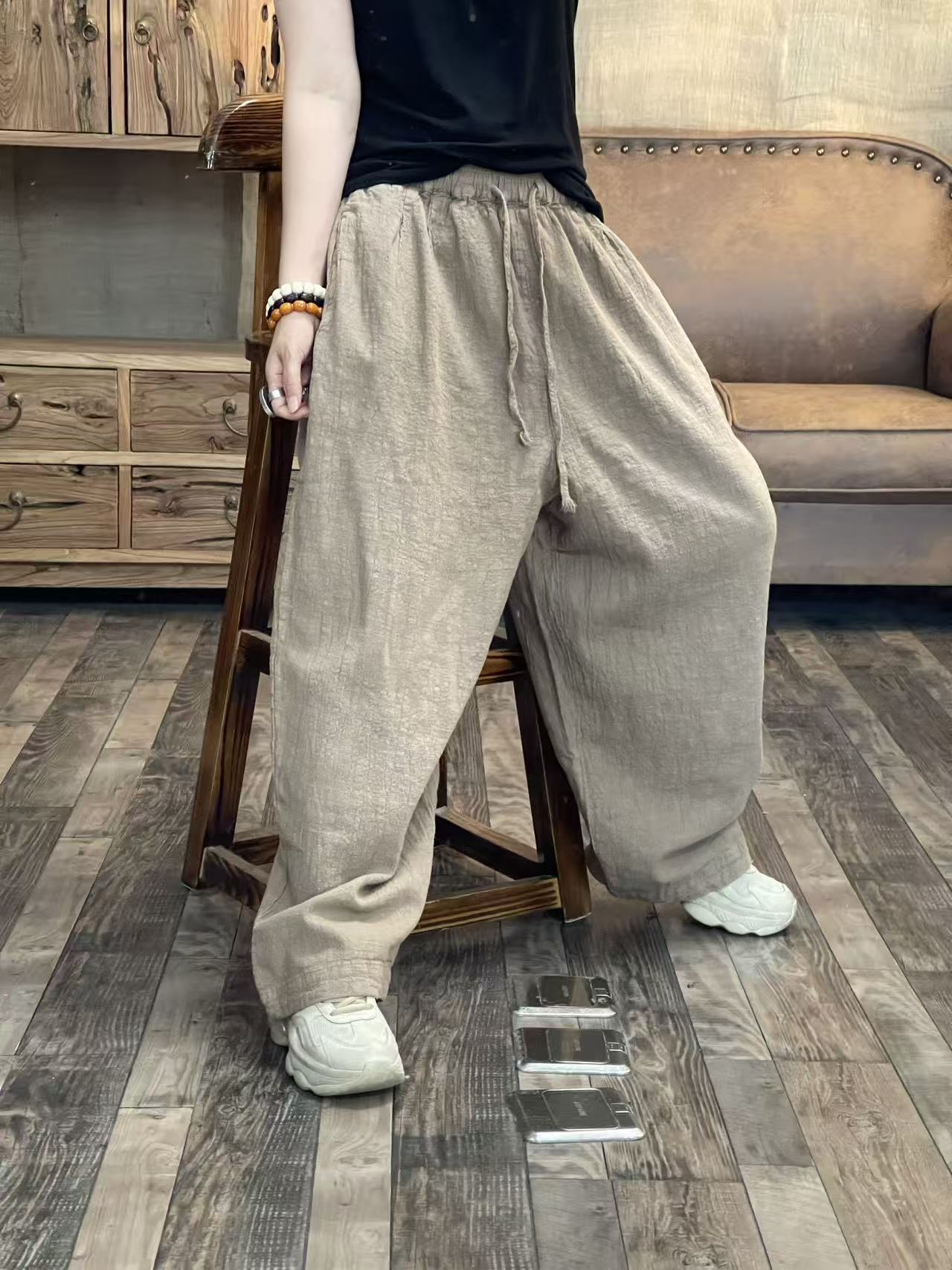 春秋休闲百搭双层亚麻炒色文艺休闲裤（臀围138 长94）