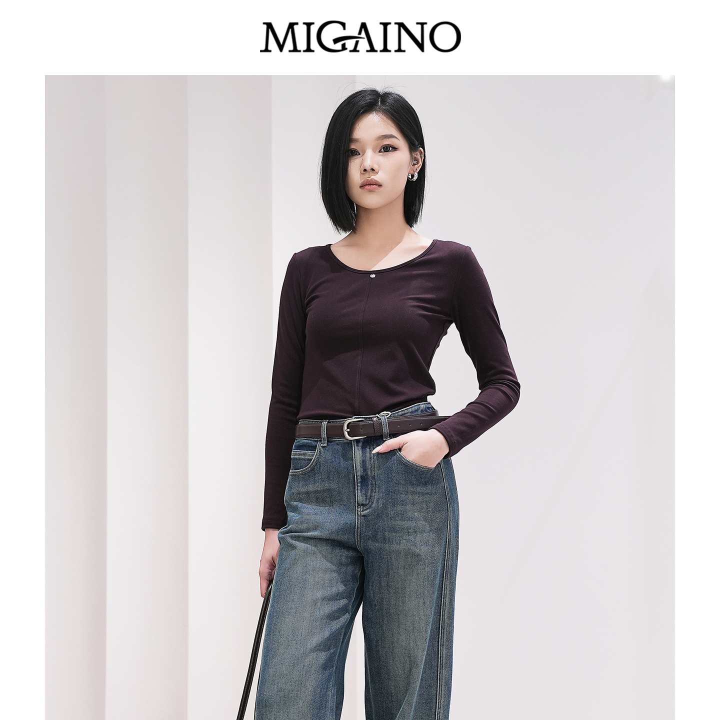 Migaino曼娅奴女装秋冬新款圆领优雅简约百搭加绒长袖T恤打底衫