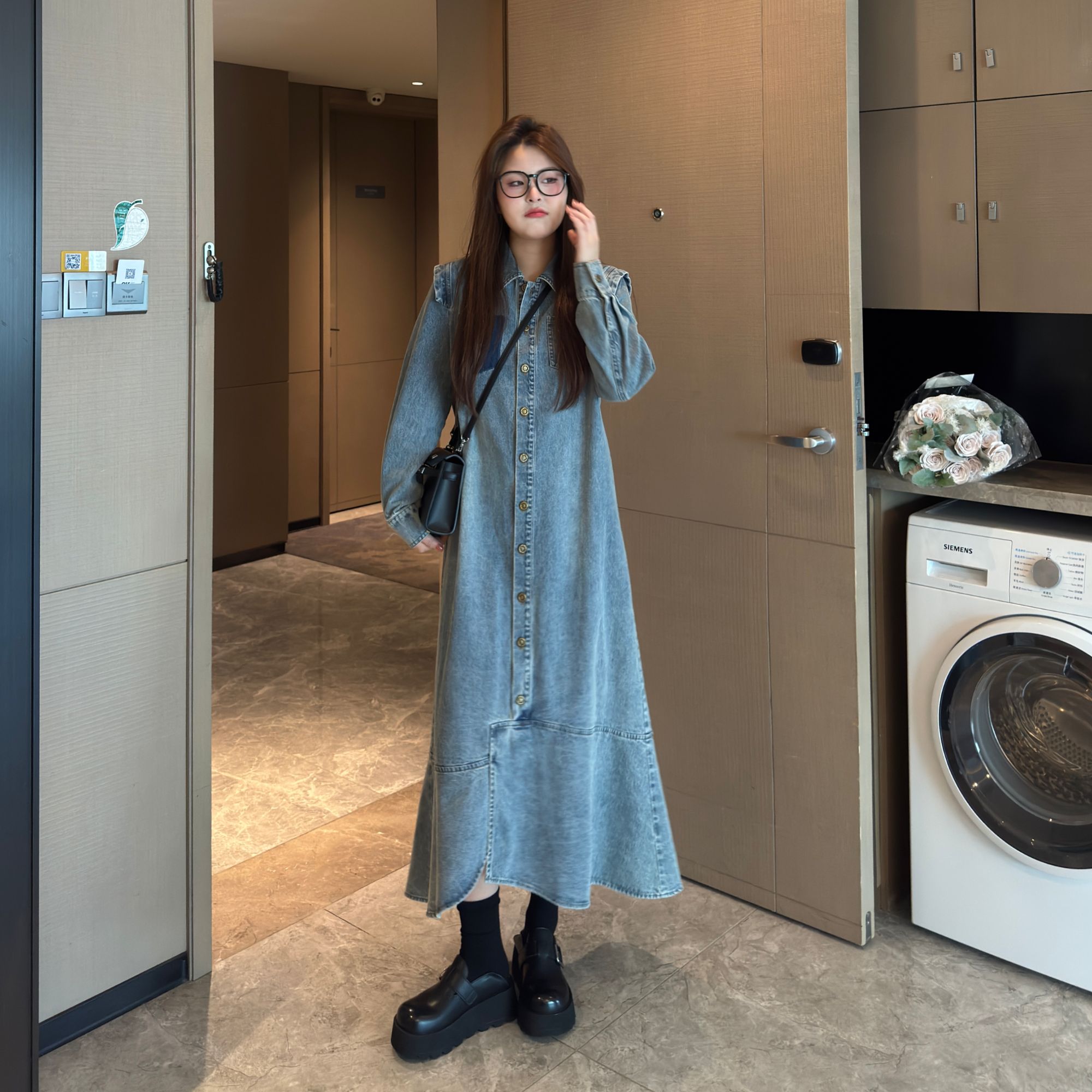 南岛风大码女装荷叶边长袖牛仔连衣裙春秋胖mm显瘦长裙ZYY1415