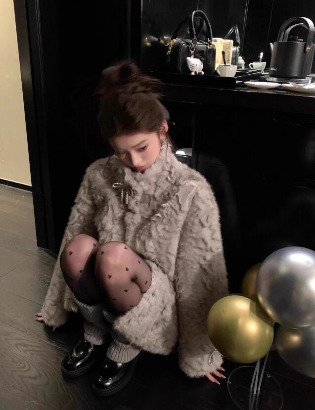 月影少女 小熊心事皮毛一体中长款立领染尖环保毛毛外套女冬季