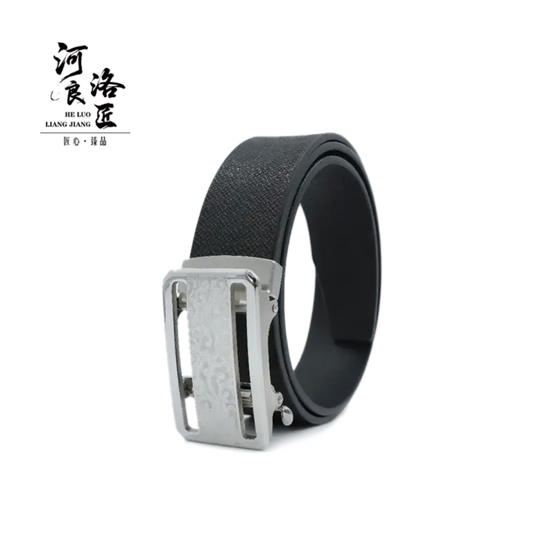 手工牛皮黑色男款免打孔时尚花纹商务无牙皮带男士经典自动扣腰带