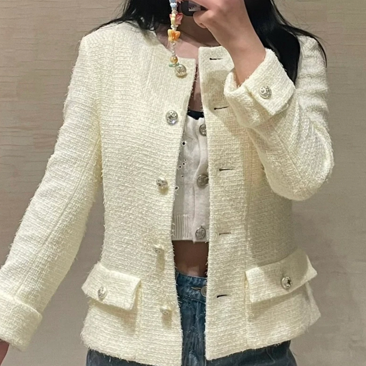 99新 Chanel/香奈儿 23S 小鸡黄珍珠扣毛呢格纹外套 尺码38码