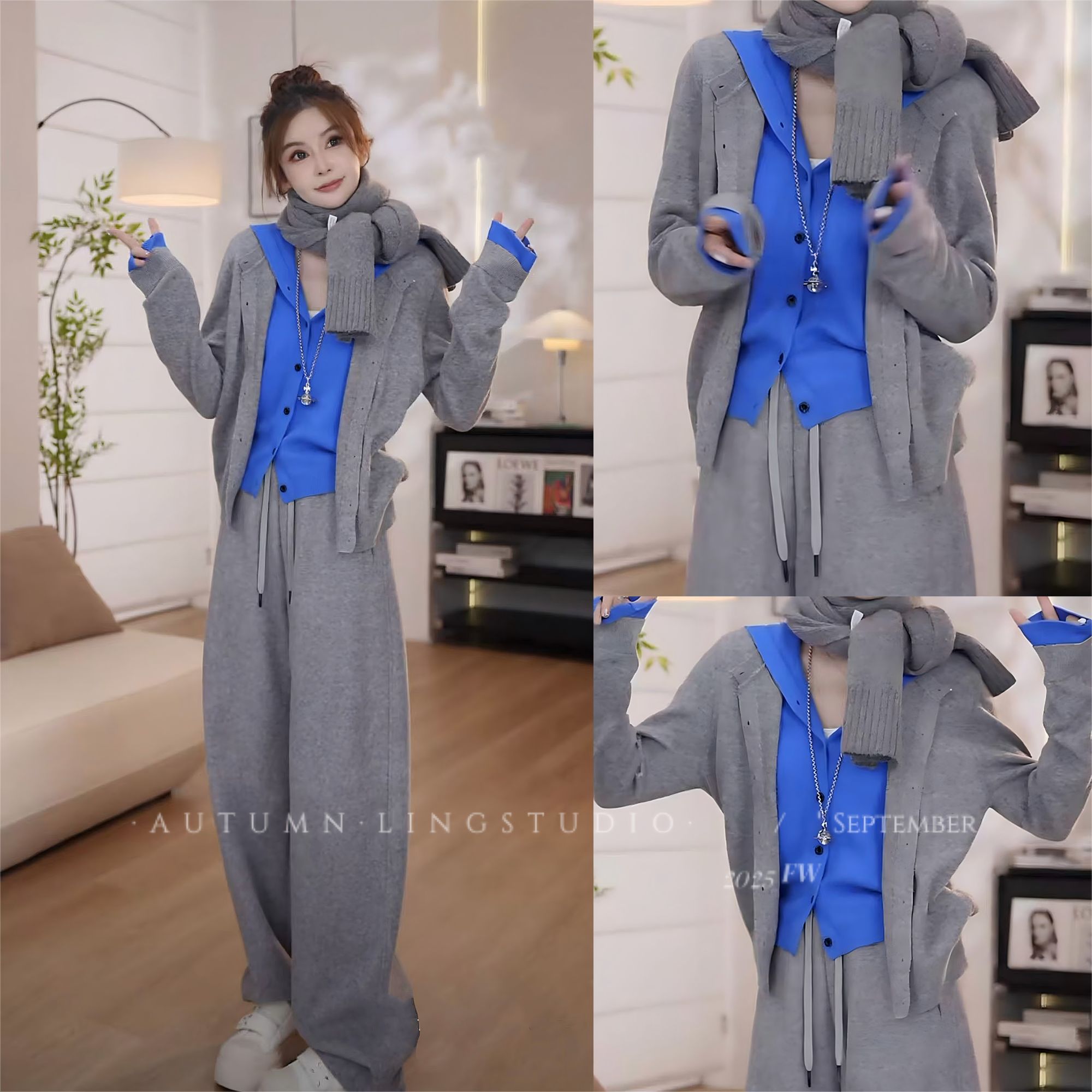 LING/STUDIO『苏丽珍』全绵羊毛百搭减龄假两件连帽开衫毛衣5092013