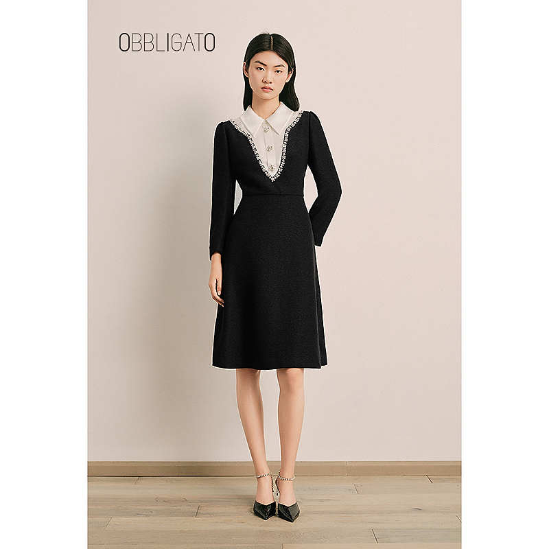 OBBLIGATO奥丽嘉朵1C65105210专选2025春季新品珠钻假两件连衣裙