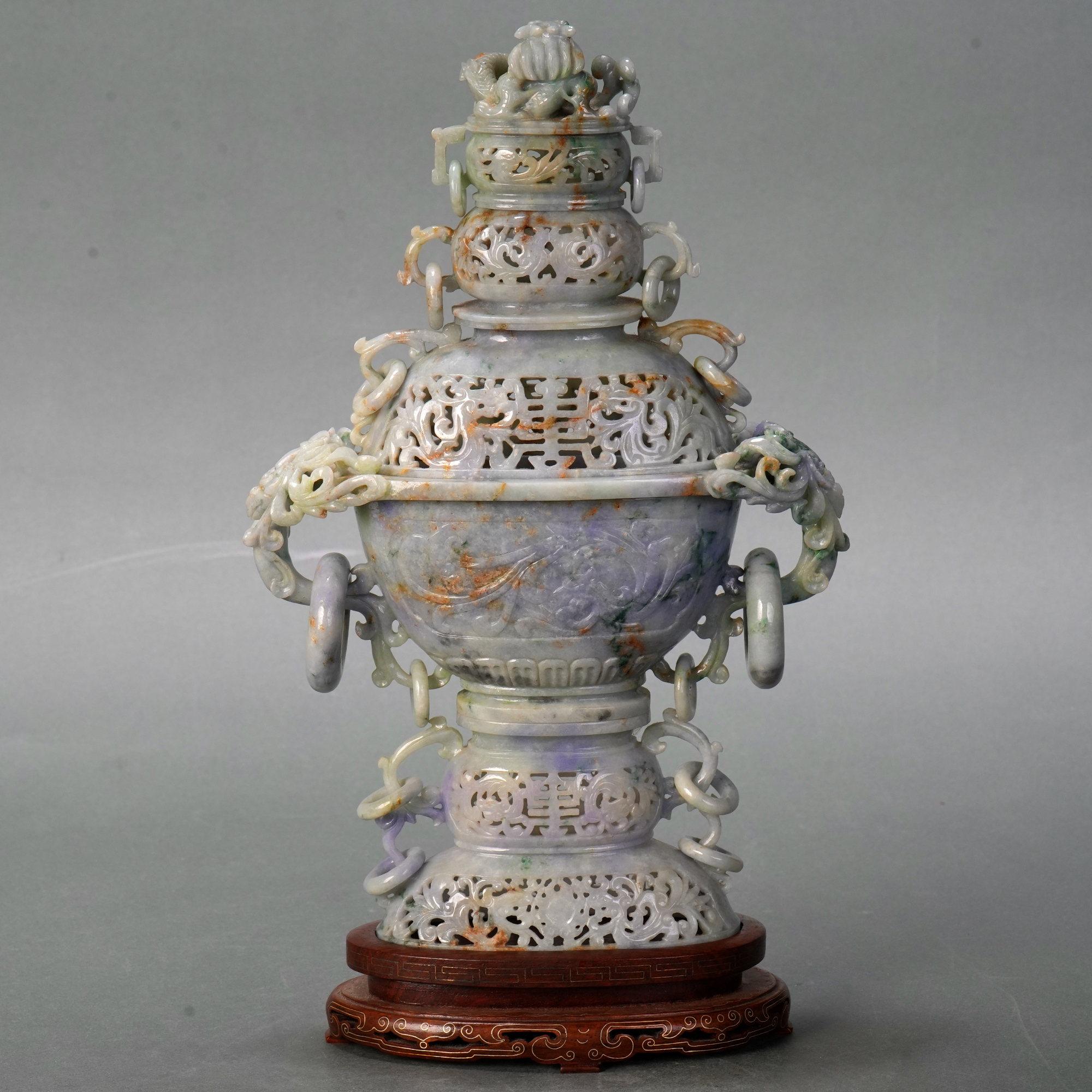 LOT011722 20世纪龙钮寿字纹双龙衔活环耳熏炉【古董拍卖】