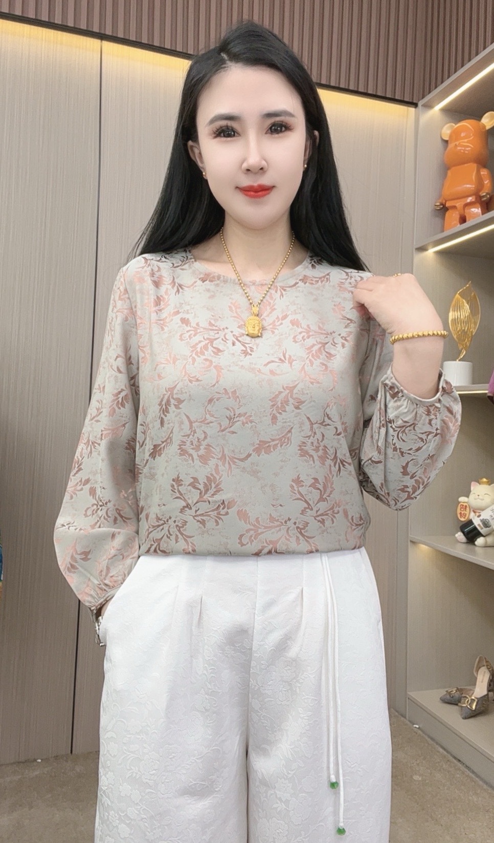 高端定制极简风休闲复古宽松速干提花宽松型九分袖T恤气质短袖