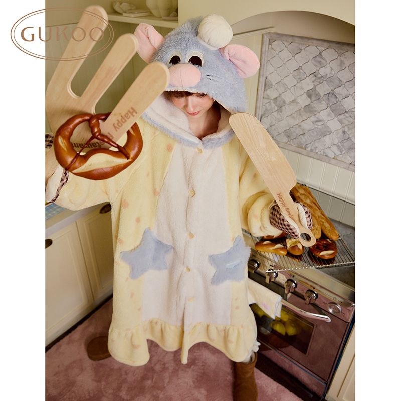 【Gukoo果壳】迪士尼长款连帽保暖冬季睡衣家居服毛绒厚款女士睡袍