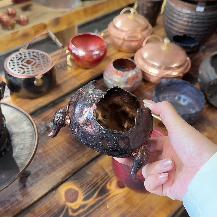 自***飞紫铜手工制作温茶炉烟熏