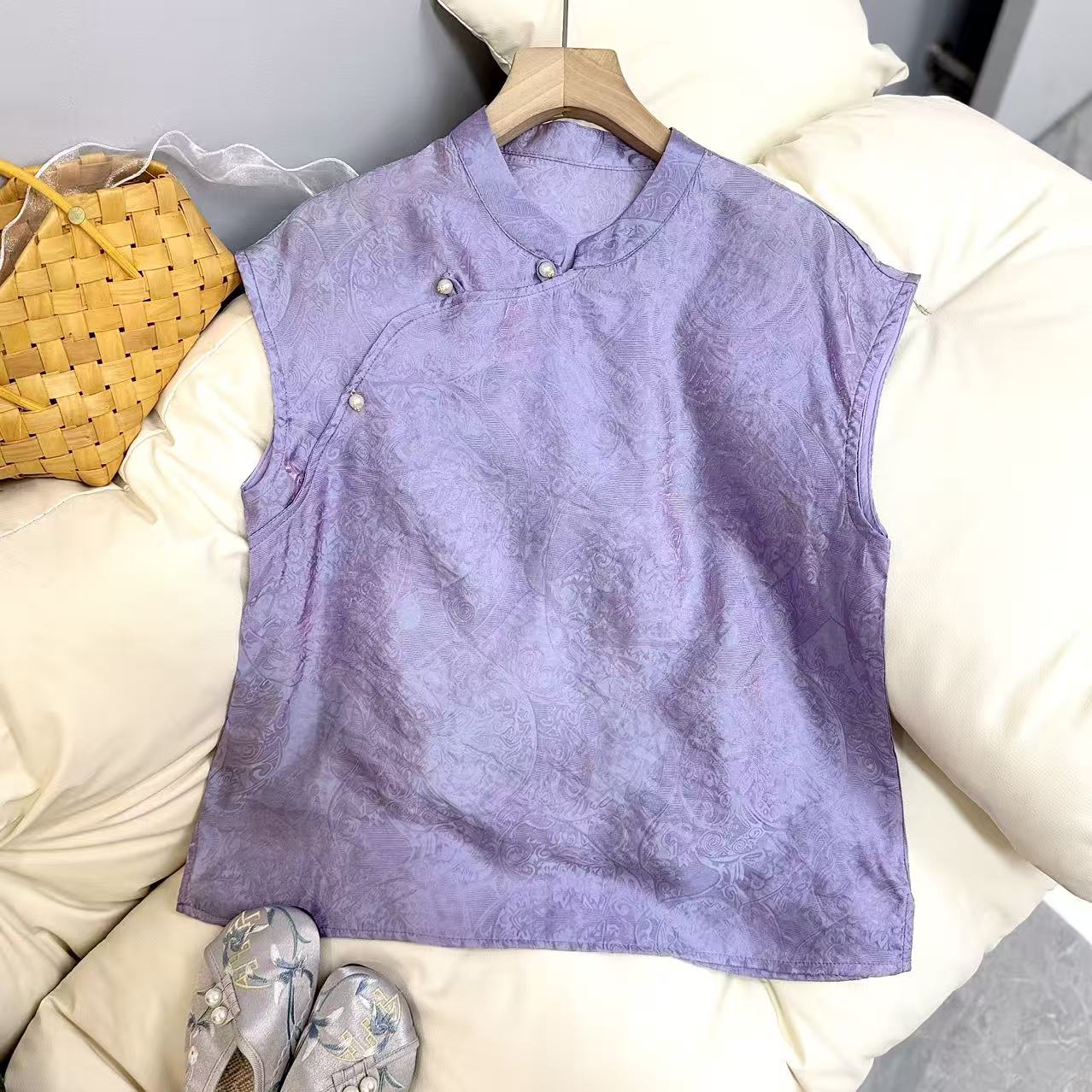 【紫黛】常规款立领薄款奥黛常规短袖夏季浮光锦女士1353