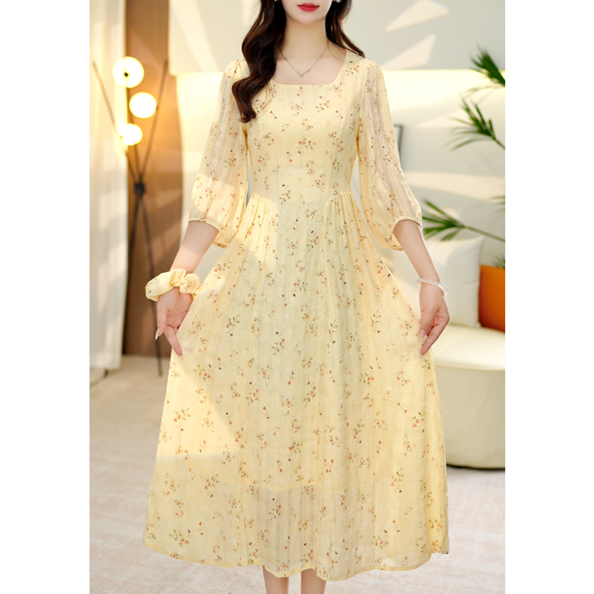 L5605 洋气碎花长袖连衣裙女2025新款时尚气质显瘦减龄度假连衣裙