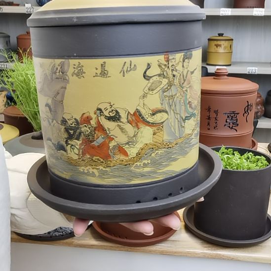 茶杯紫砂中号黄金段泥直筒款八仙过海图紫砂托盘