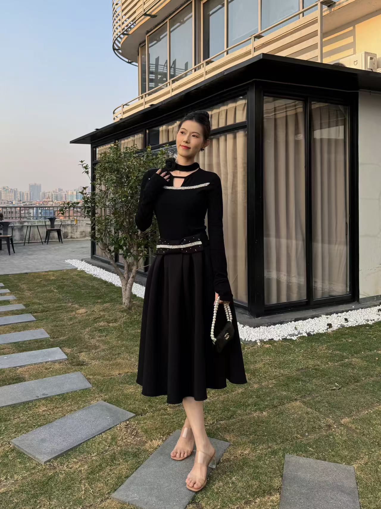 【FG】2024秋冬新款烫钻修身显瘦长袖两件套裙1008