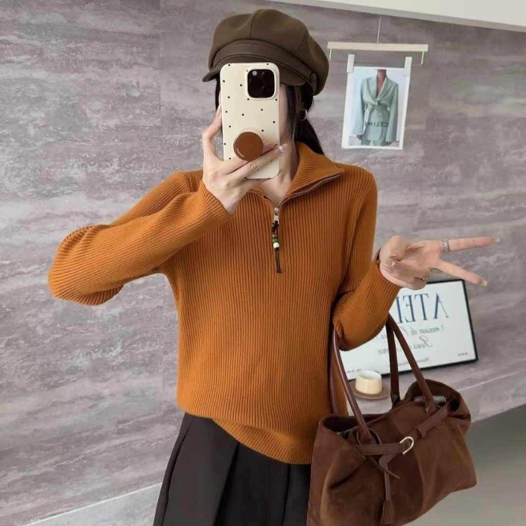 半拉链翻领针织衫洋气计感气质宽松显瘦毛衣