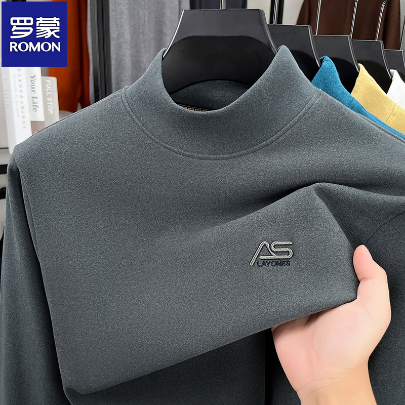 罗蒙秋冬男士半高领双面德绒加厚卫衣新款加绒打底衫保暖纯色上衣
