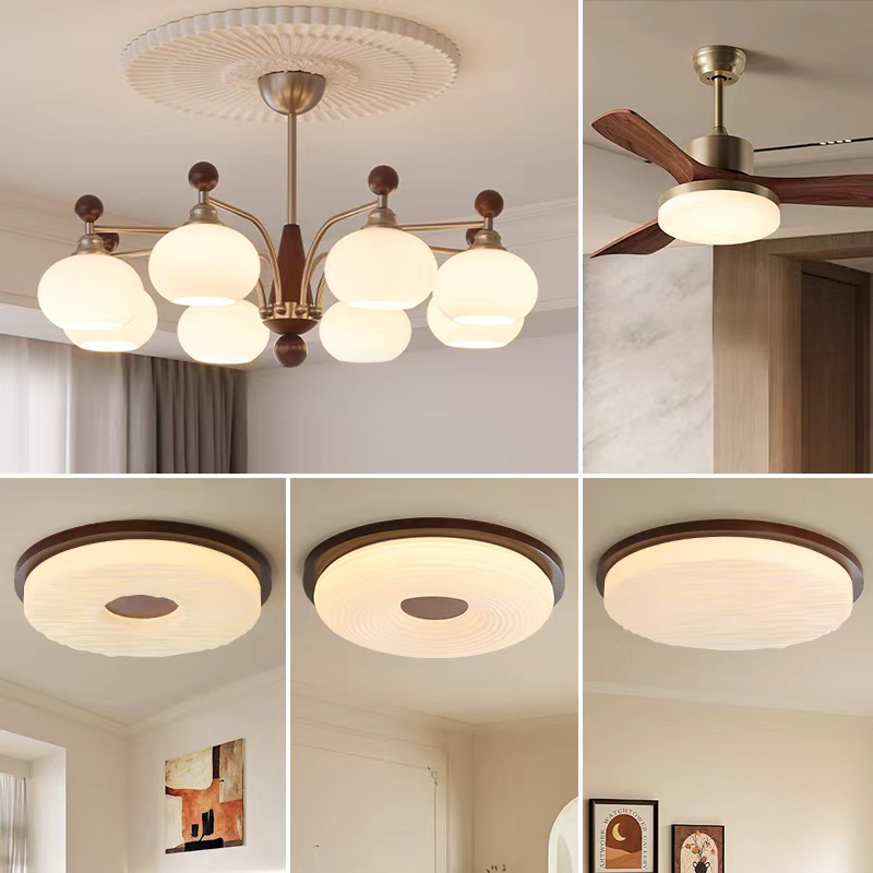 美式客厅吊灯中古风胡桃木色现代简约书房间灯卧室灯温馨大厅灯具