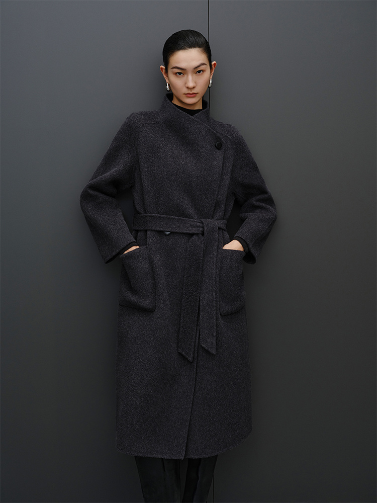 艾家商场同款2025冬新款宽松收腰立领双面呢大衣长外套女41022355