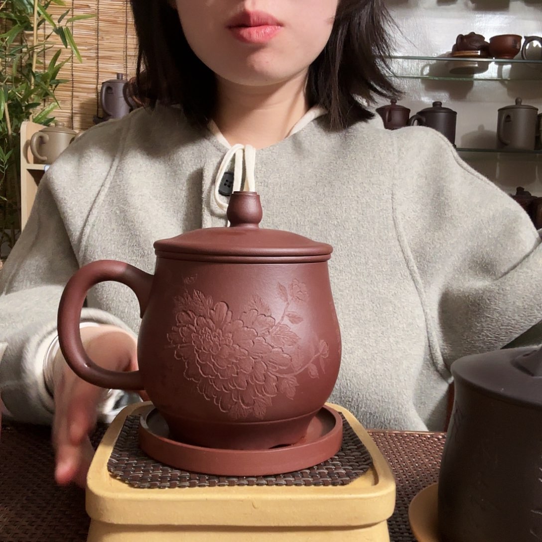 紫砂茶杯原矿紫泥牡丹四件套没礼盒微瑕尾单450CC