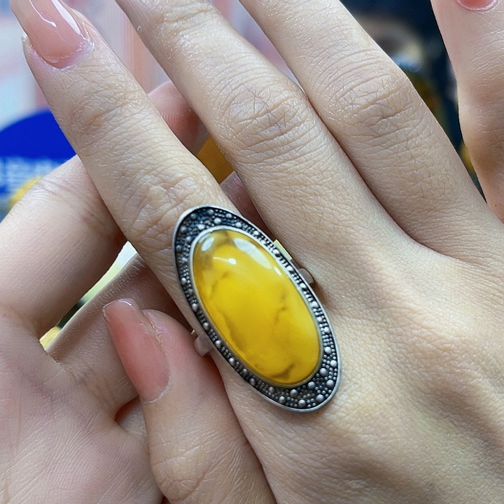 蜜蜡银S925镶嵌裸石戒指