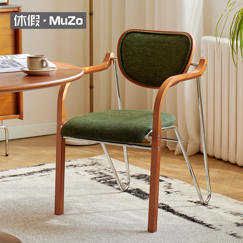 休假木作法式复古餐椅实木扶手椅中古椅设计师款软包椅休闲靠背椅