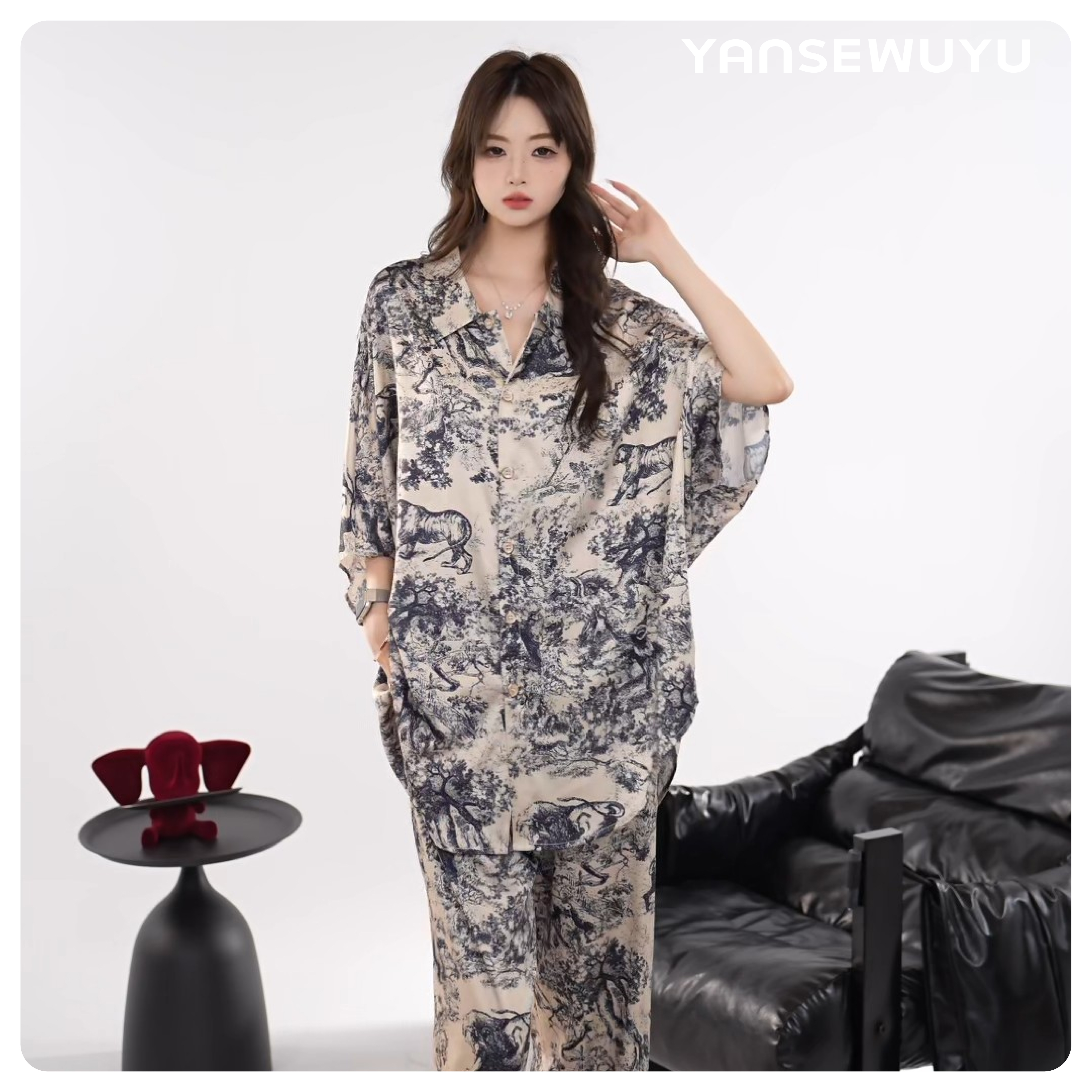 妍色物语【幽婉雅绘】轻奢老花爆款家居服睡衣女套四季款一体袖宽松