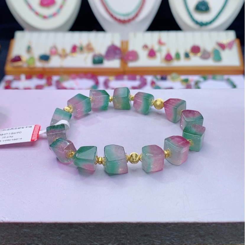 【闪购商品】碧玺碧玺m18K金镶嵌西瓜方糖手链