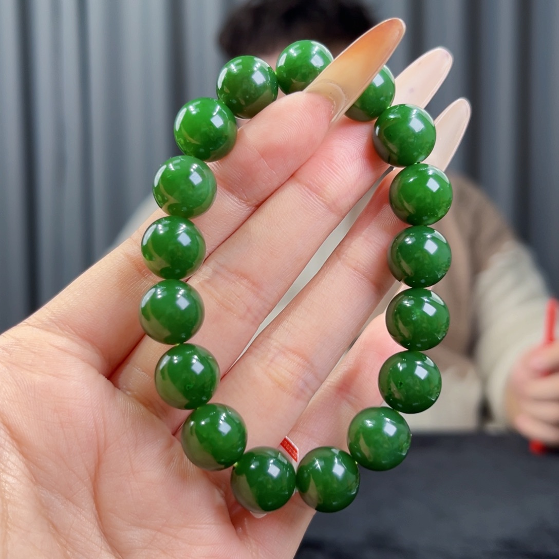 和田玉未镶嵌手串天然和田玉俄碧菠菜绿手串12