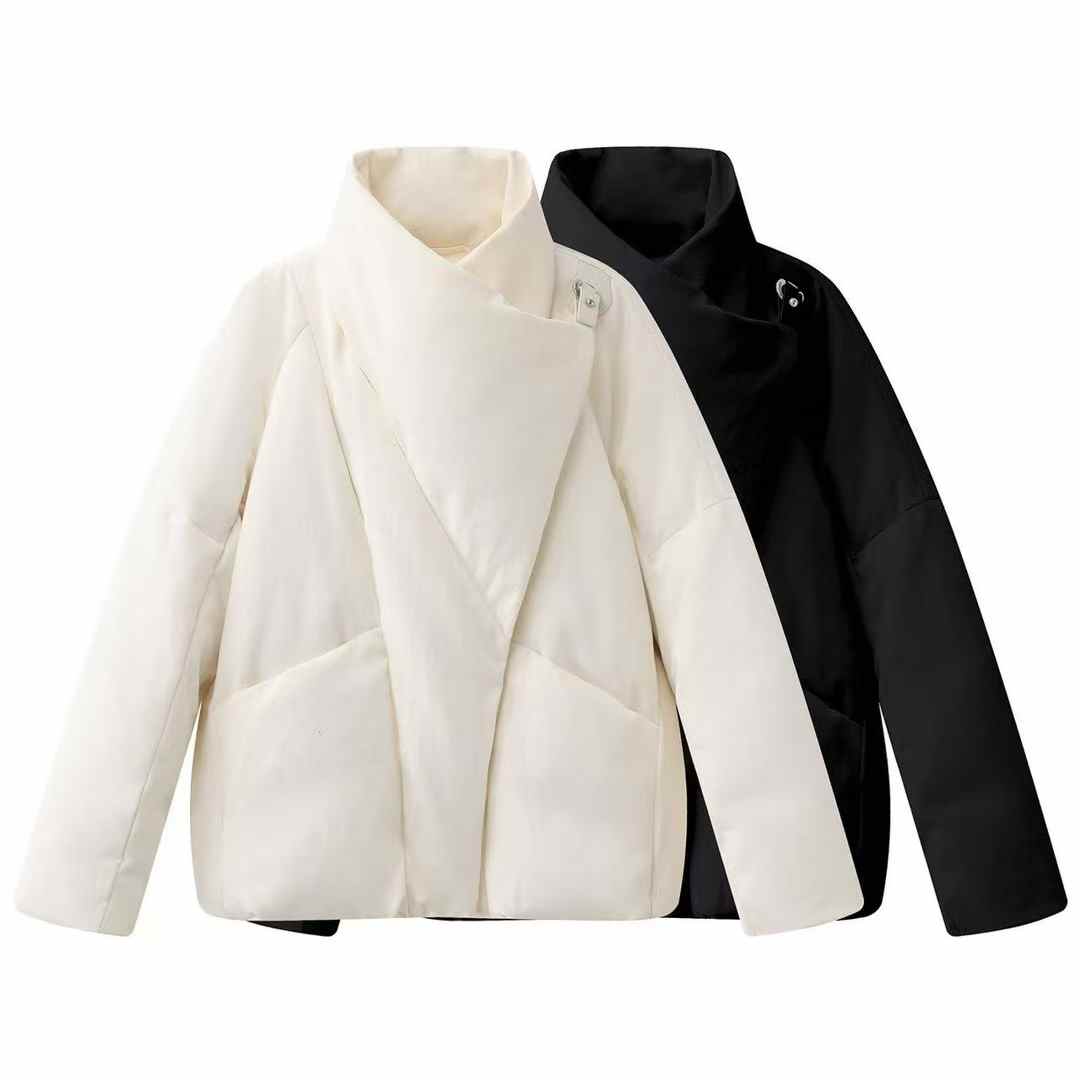 艾家2025冬季新款时尚百搭简约不规则立领休闲羽绒服外套女4008