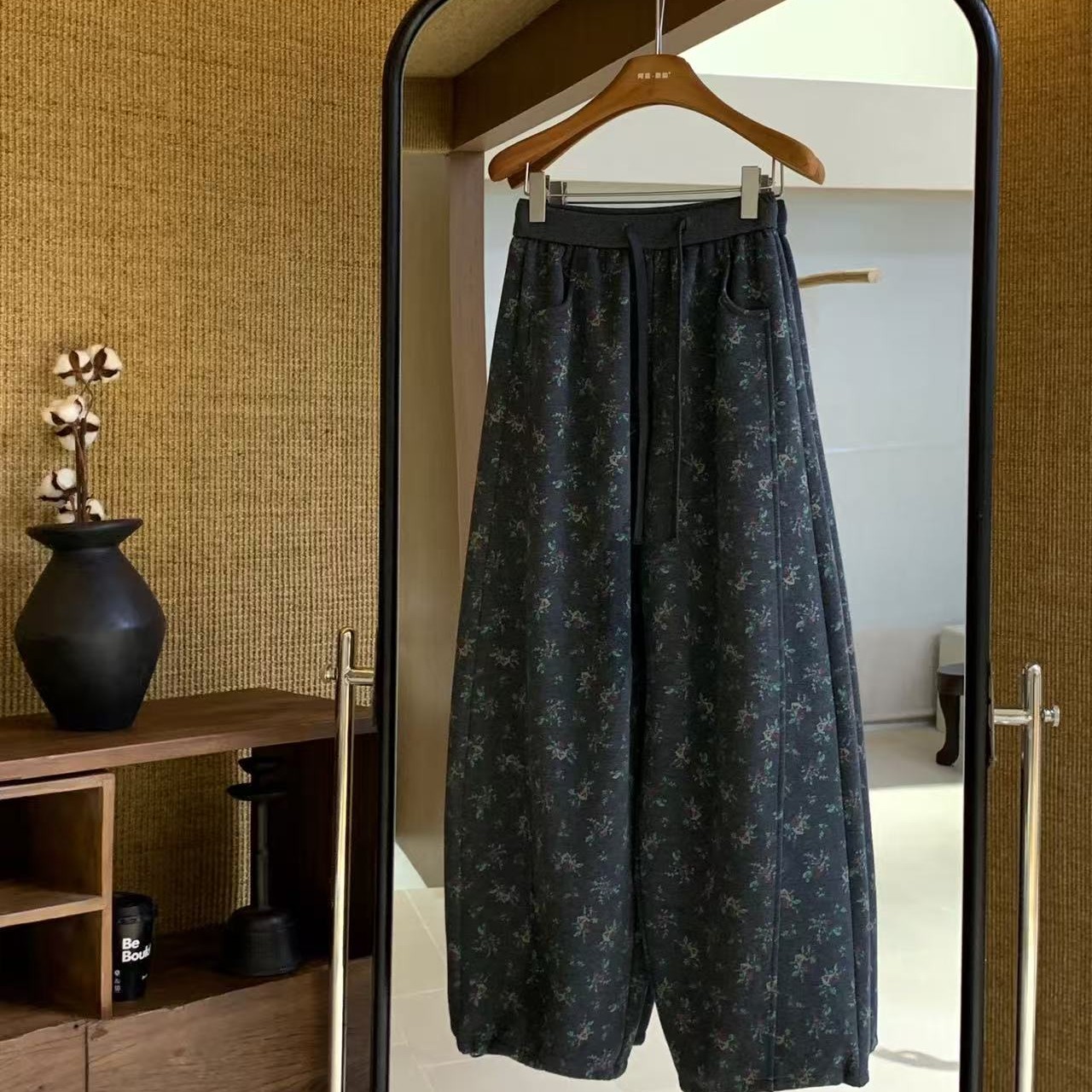 冬季印花加绒显瘦百搭高腰阔腿裤