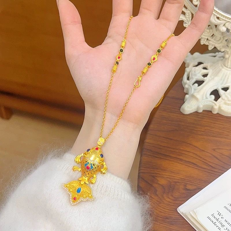 铜合金吊坠 新中式爆款国潮珐琅彩色鲤鱼国风项链镂空吊坠