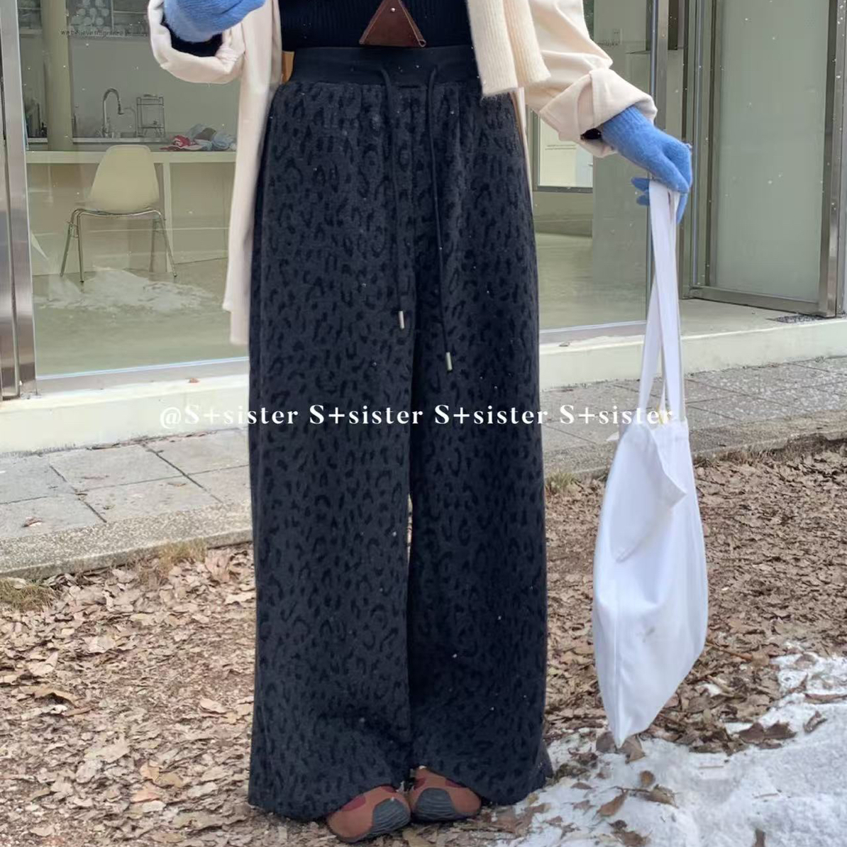 (晓晓家)S+秋冬大码加绒豹纹印花松弛休闲高腰显瘦阔腿裤