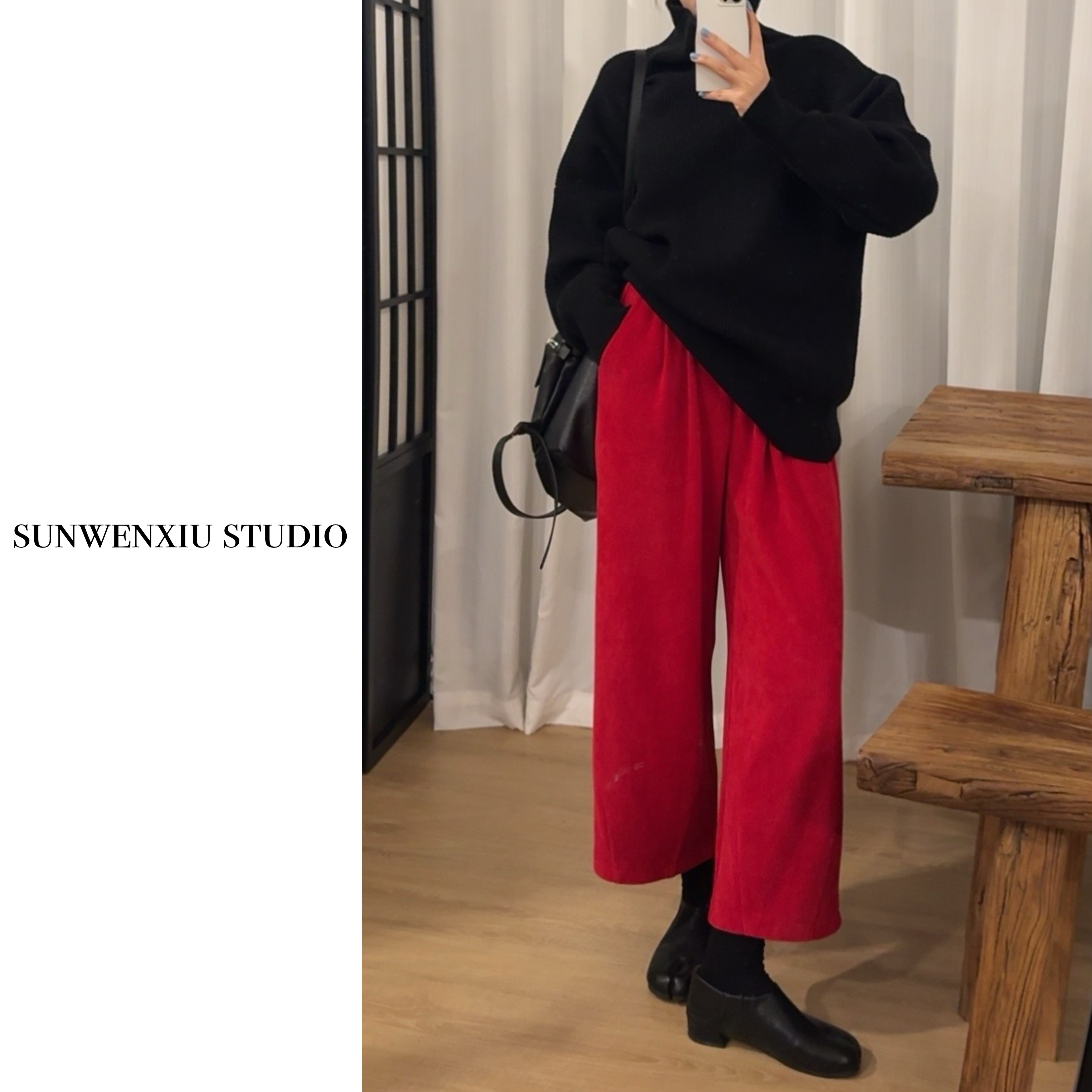 swx studio2店 吸睛小红裤 年货系列松紧腰显瘦高腰九分裤