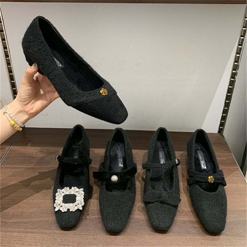 4Cm粗跟加绒单鞋子女瓢鞋2025秋冬方头蝴蝶结保暖玛丽珍鞋棉单鞋