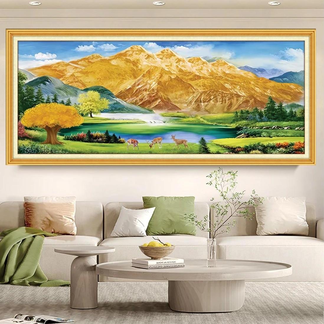 禧洋洋新款背靠金山客厅卧室画十字绣44色满绣无勾边风景画满绣