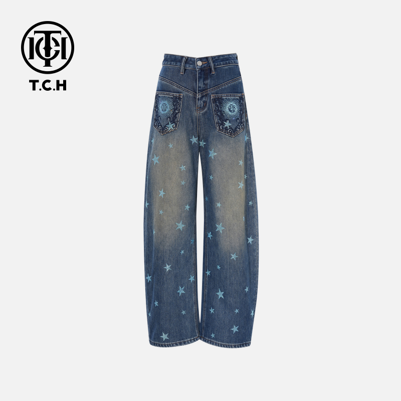 TCH私服秋冬慵懒风烫钻时尚淑女蓝色牛仔裤女T75D20E1052轻奢tch