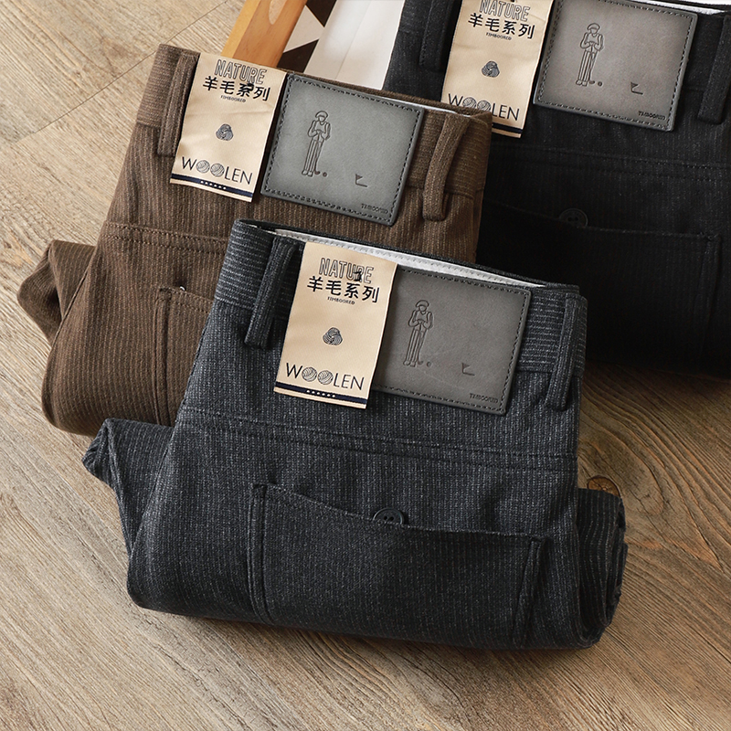 欧洲站秋冬中厚款绵羊毛混纺弹力五袋高端男士深灰毛呢直筒休闲裤