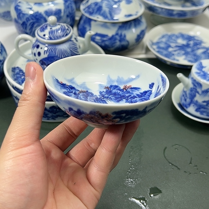 微瑕柴窑内外满绘工笔山水普洱杯