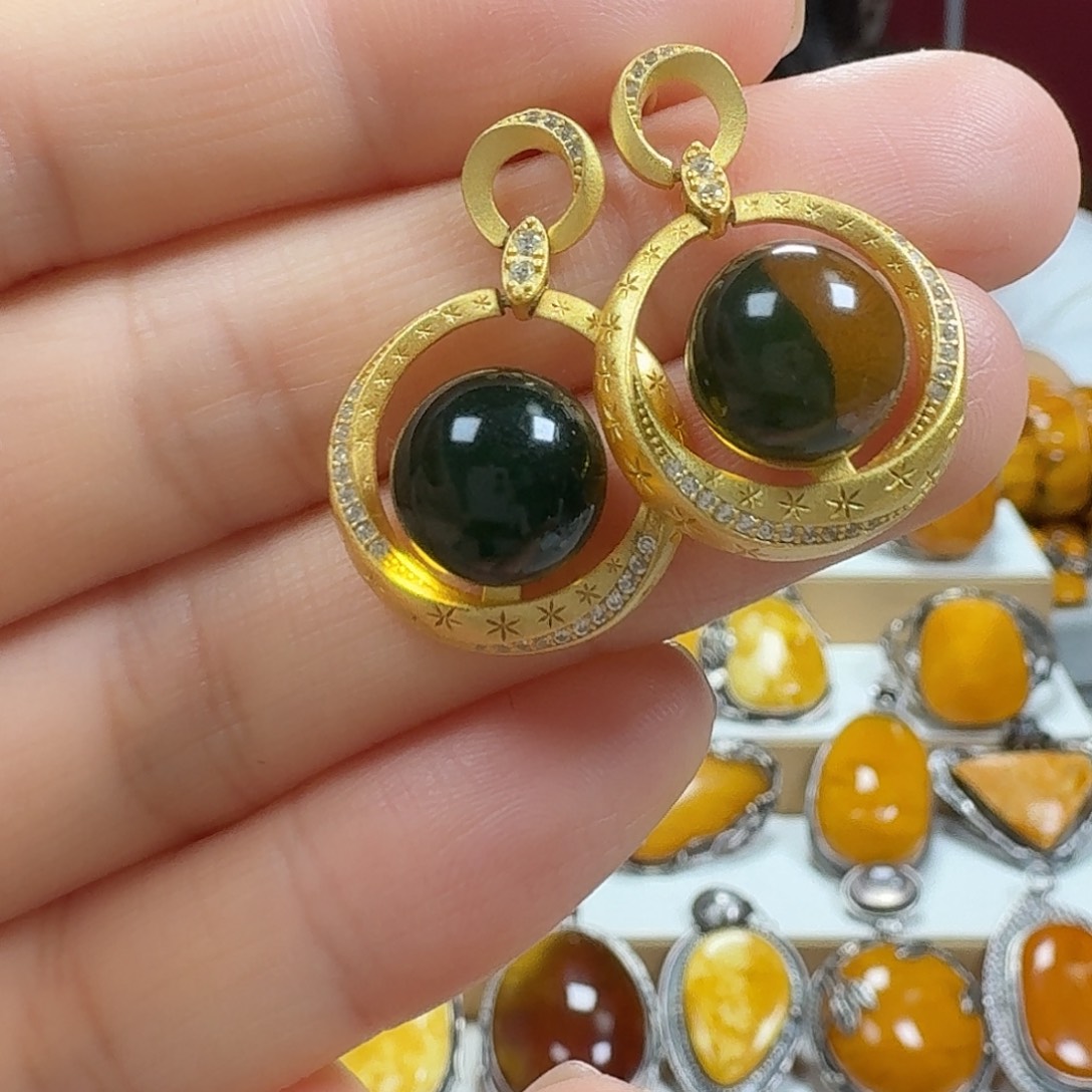 琥珀银S925镶嵌耳饰耳坠