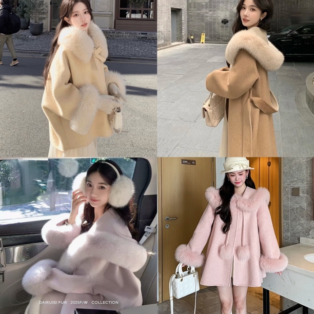 88狐狸毛羊毛大衣中长款拼色甜美可爱羊毛外套气质网红时尚