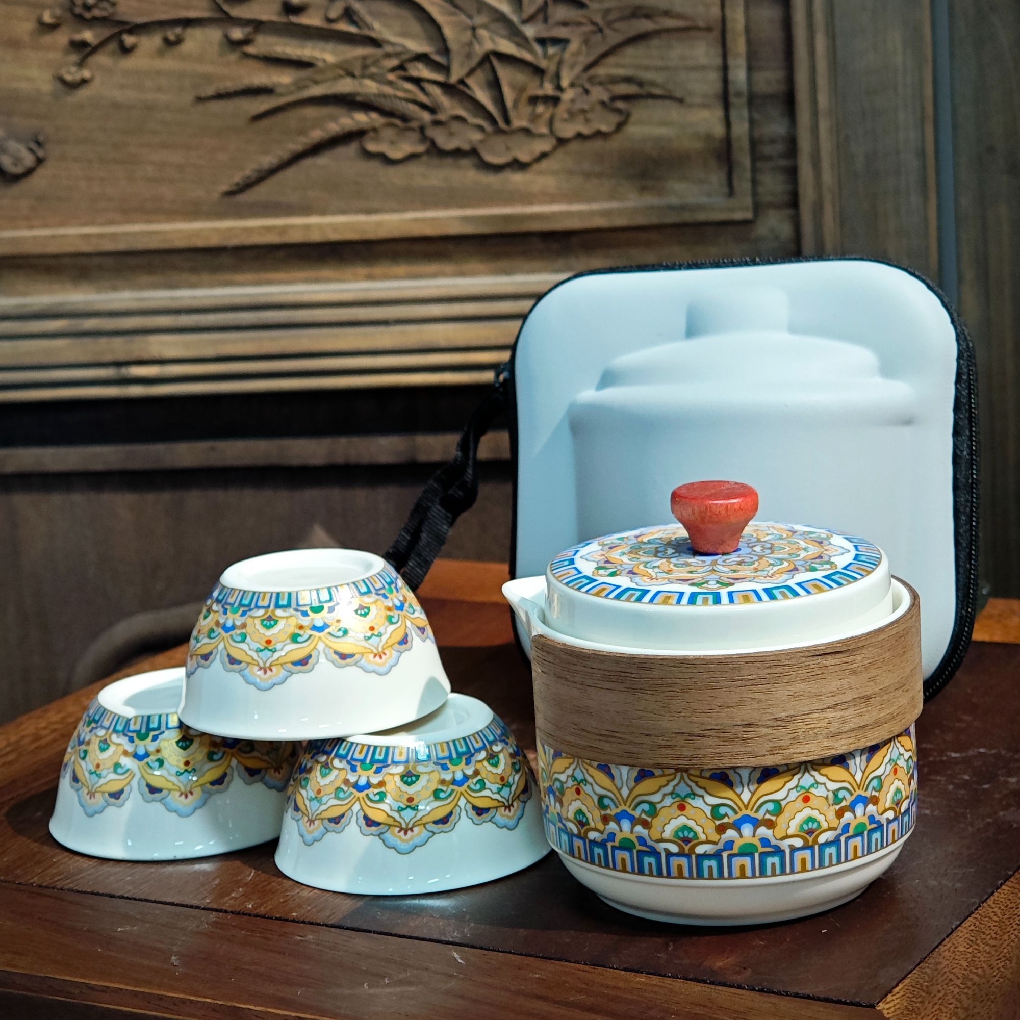 【闪购链接】A-0077 宝相纹手捏红柄一壶三杯旅行套  （ 矮）