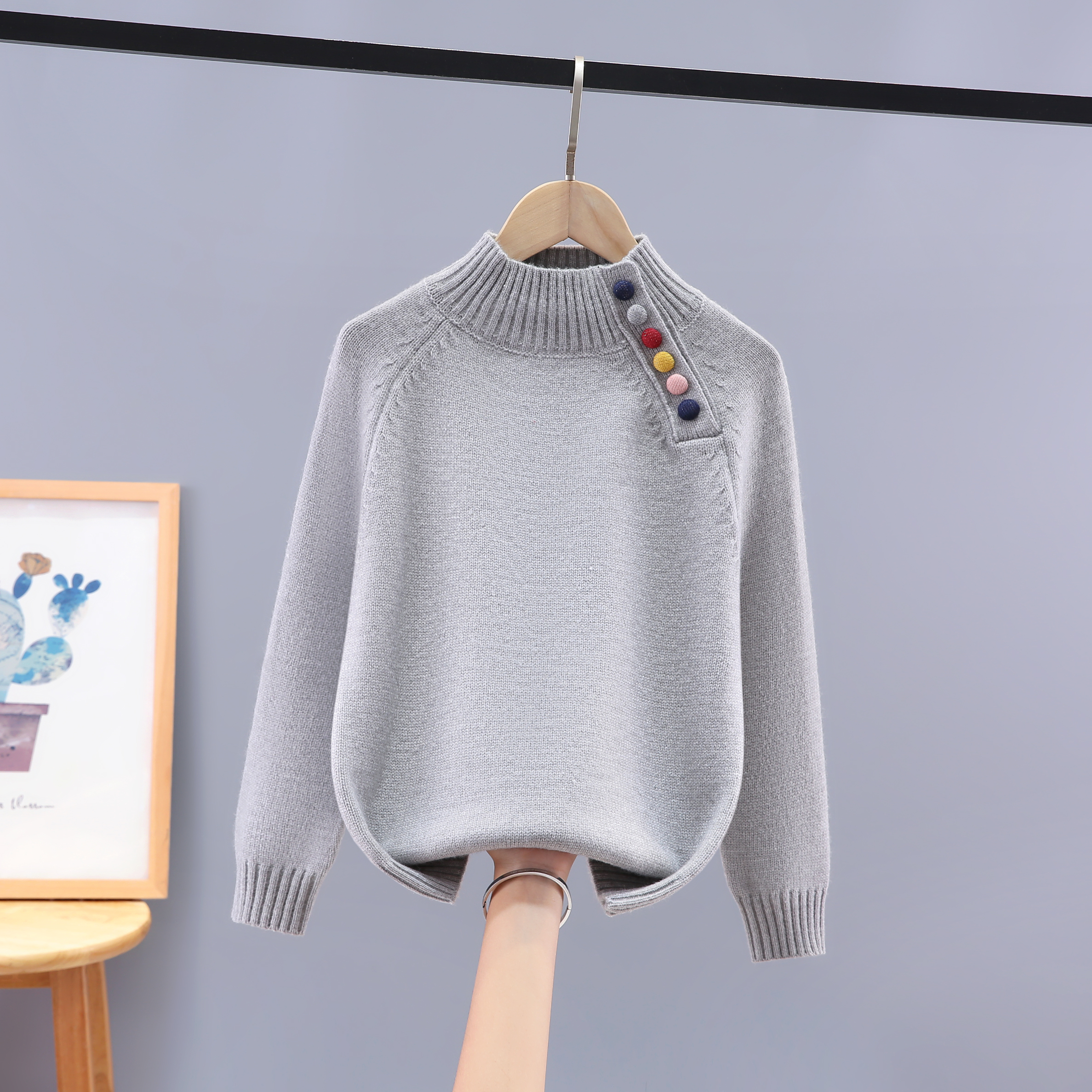 2025秋季新款斜肩彩色扣子半高领公主风立领纯色韩版毛衣针织衫