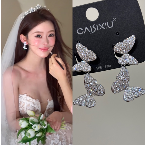 铜合金锆石耳饰  2740-0127新款锆石双蝴蝶耳夹新娘婚纱礼服配饰